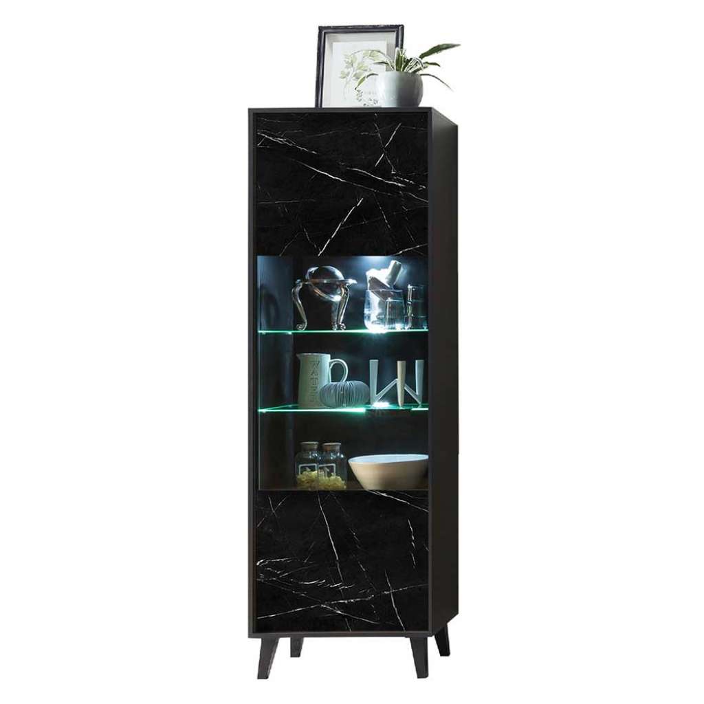 Moderne Standvitrine in Schwarz Weiß Marmoroptik Melamin