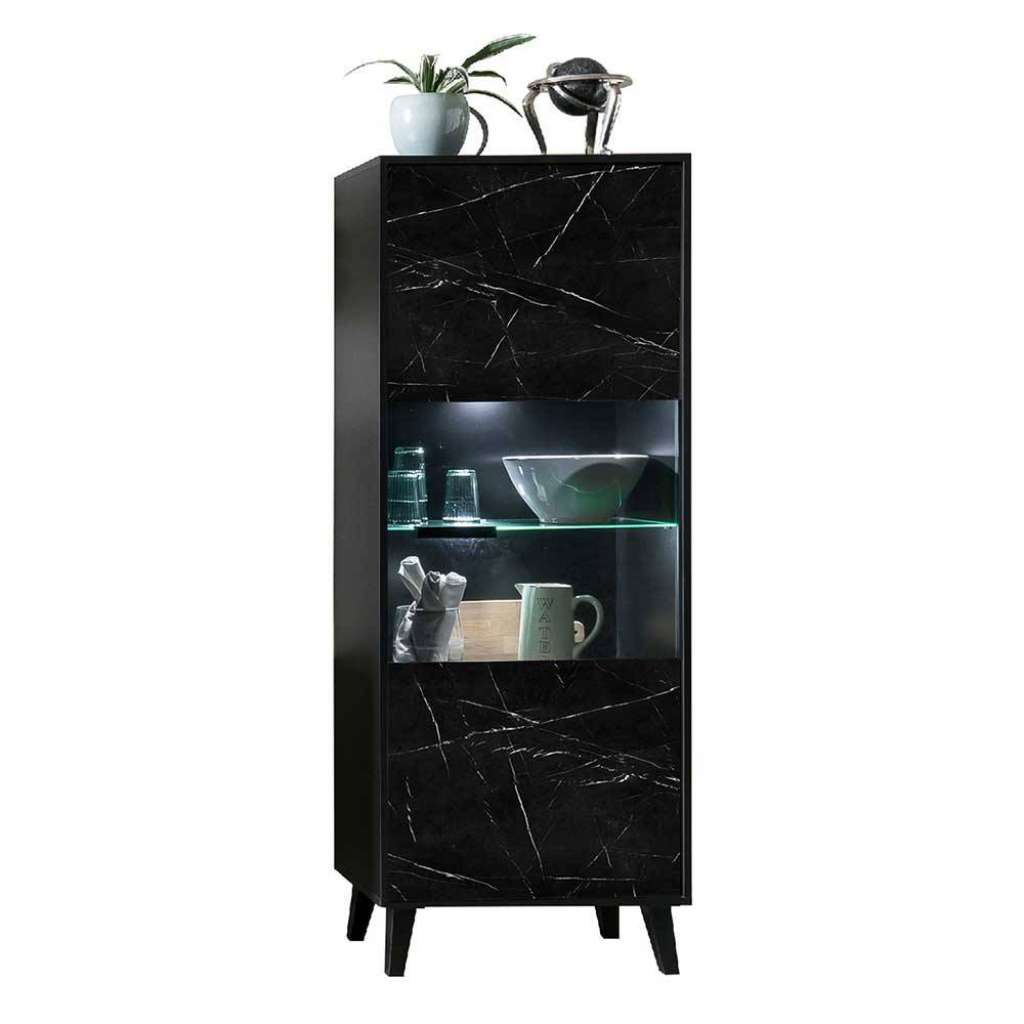 Esszimmervitrinenschrank in Schwarz Weiß Marmoroptik melaminbeschichtet