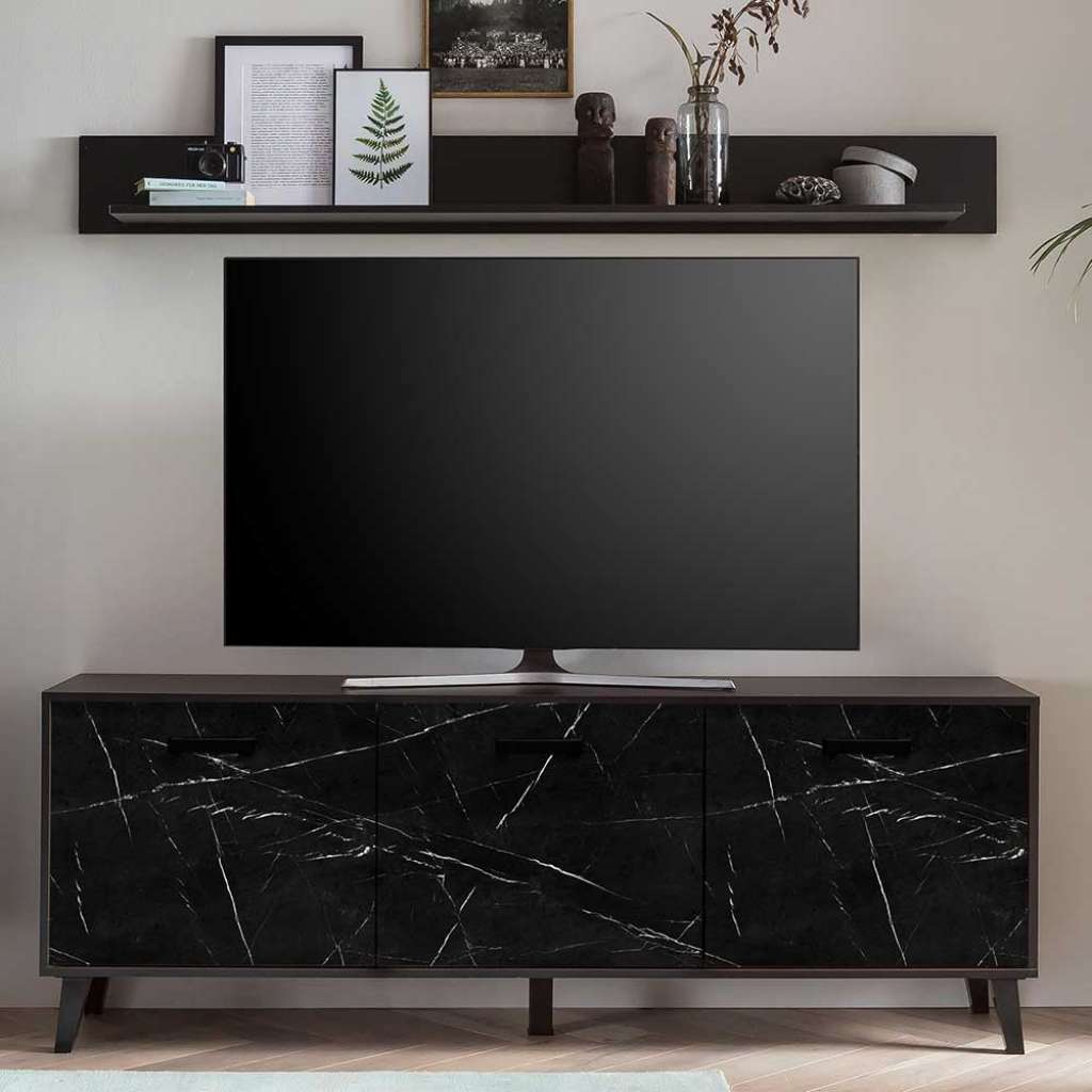 TV Unterschrank in Schwarz Weiß Marmor Optik 3 Türen