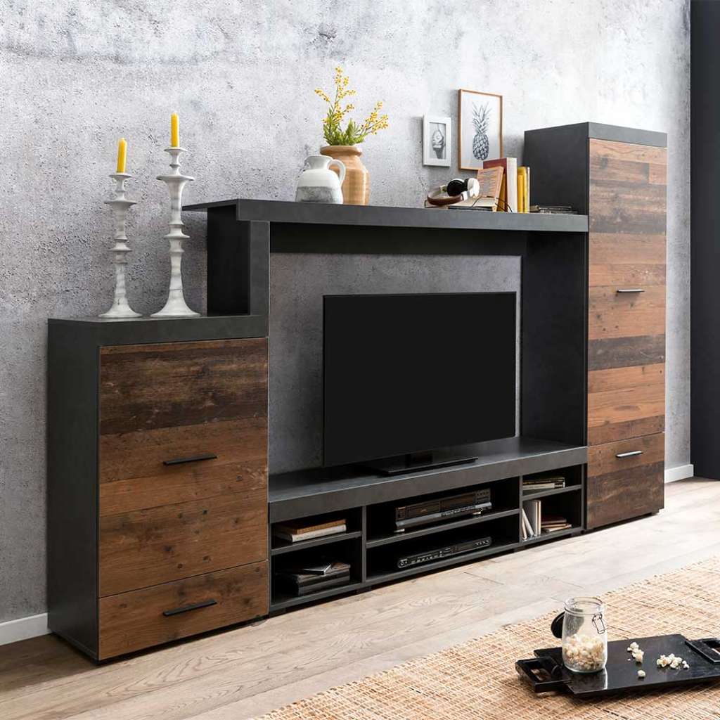 Wohnzimmerschrankwand modern in Holz Antik Optik Dunkelgrau (vierteilig)