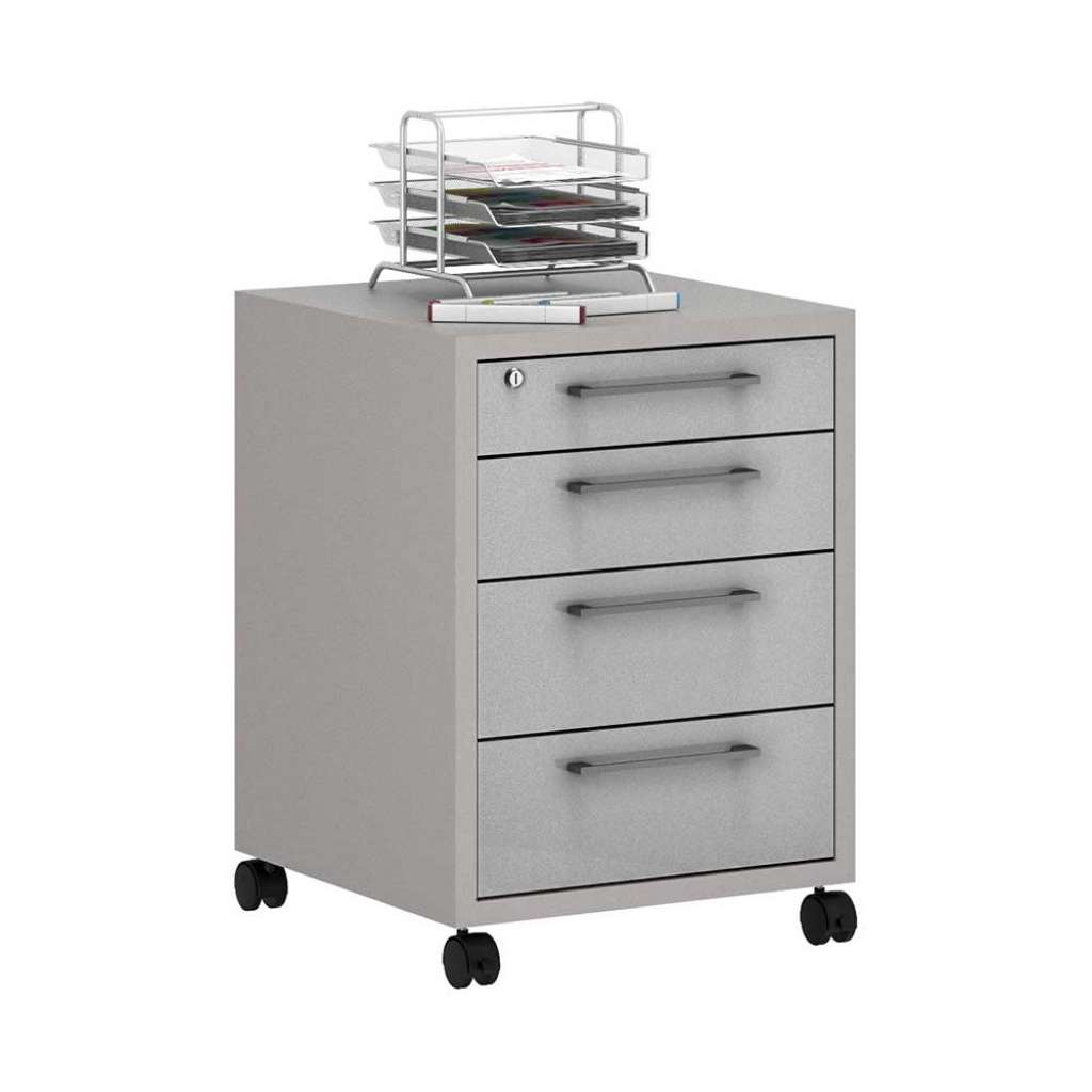 Schreibtisch Container rollbar in Hellgrau Hochglanz Platingrau