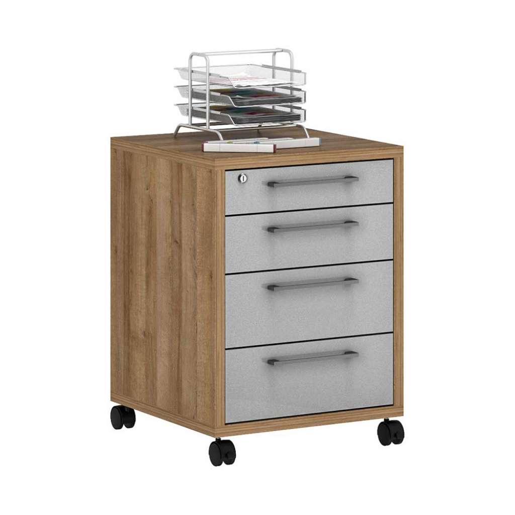 Bürocontainer mit Rollen in Hellgrau Hochglanz Eichefarben