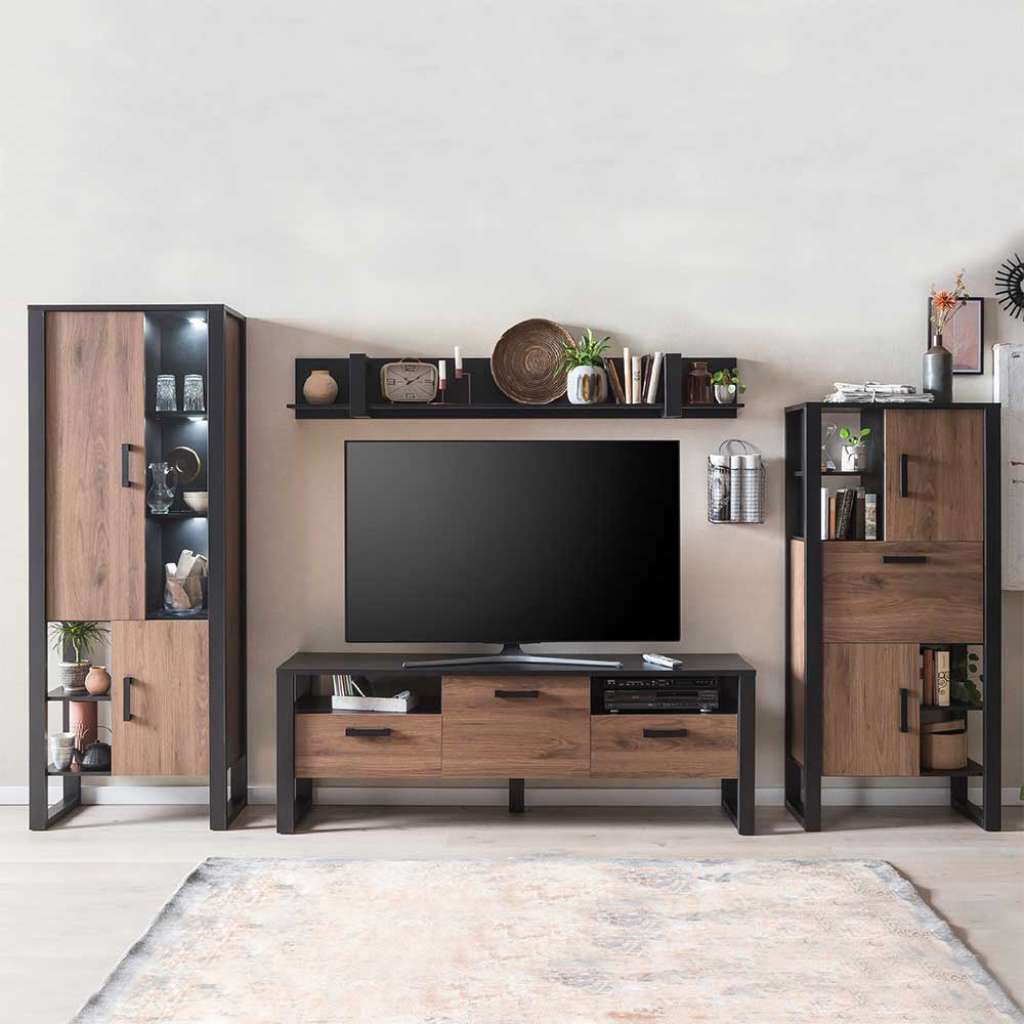 Fernseher Schrankwand in modernem Design Nussbaumfarben & Schwarz (vierteilig)