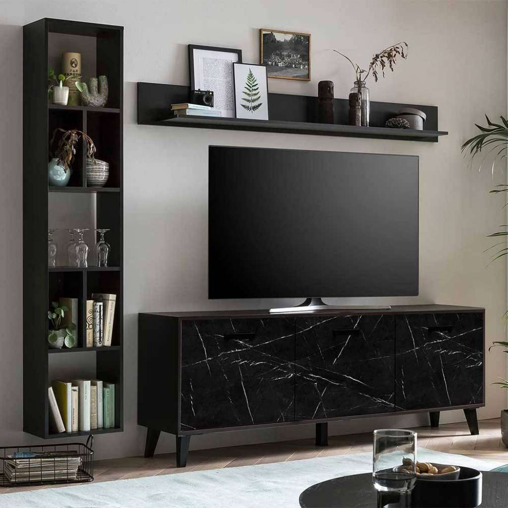 Wohnzimmerwand schwarz Marmor Optik Melamin 181 cm hoch (dreiteilig)