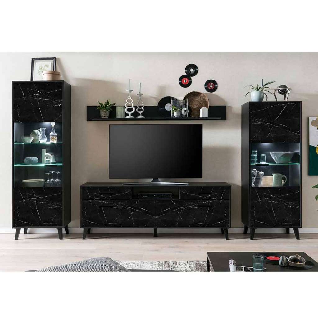 Wohnwand modern in Schwarz Weiß Marmor Optik 40 cm tief (vierteilig)