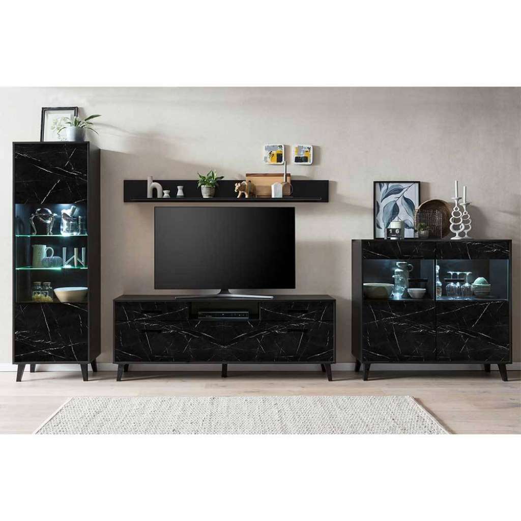 Marmor Optik Wohnwand in Schwarz 199 cm hoch (vierteilig)