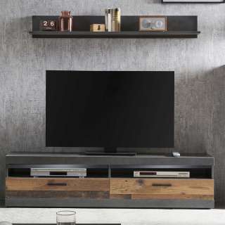 Wohnzimmereinrichtung mit TV Platz Holz Antik & Dunkelgrau (zweiteilig)