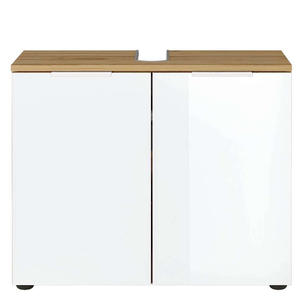 Waschbeckenschrank 2türig in Weiß glasbeschichtet Wildeichefarben