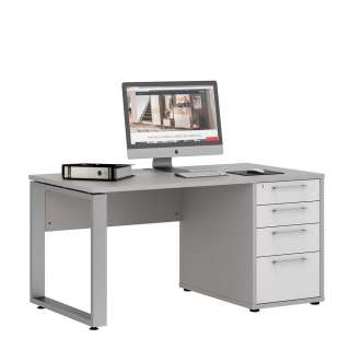 Büroschreibtisch in Platingrau & Weiß Hochglanz vier Schubladen abschließbar