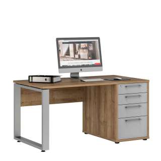 Büro Schreibtisch in Eichefarben und Hellgrau Hochglanz Made in Germany
