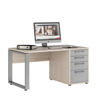 Büro Computertisch in Holz White Wash und Hellgrau Hochglanz vier Schubladen