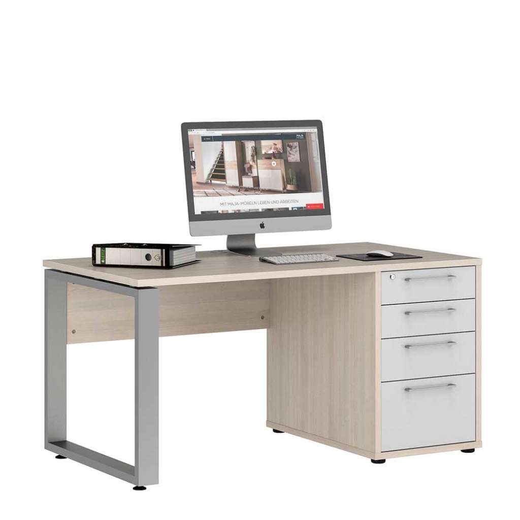 Computerschreibtisch in Holz White Wash & Weiß Hochglanz integrierten Seitenregalen