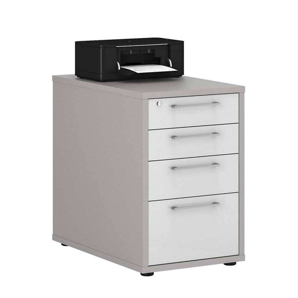 Schreibtischcontainer in Platingrau & Weiß Hochglanz vier Schubladen abschließbar
