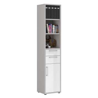 Büro Hochschrank 48 cm breit Platingrau & Weiß Hochglanz