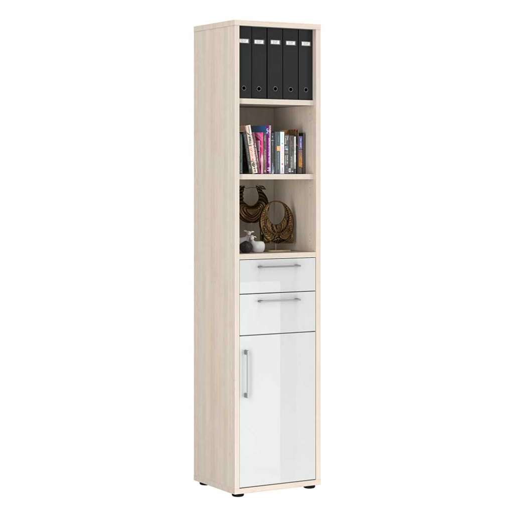 Ordnerschrank mit Regal in Holz White Wash Optik Hochglanz Weiß