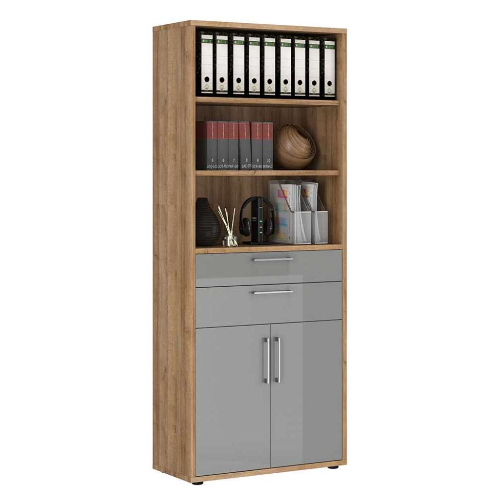 Officeschrank mit Regal in Hellgrau Hochglanz Eichefarben
