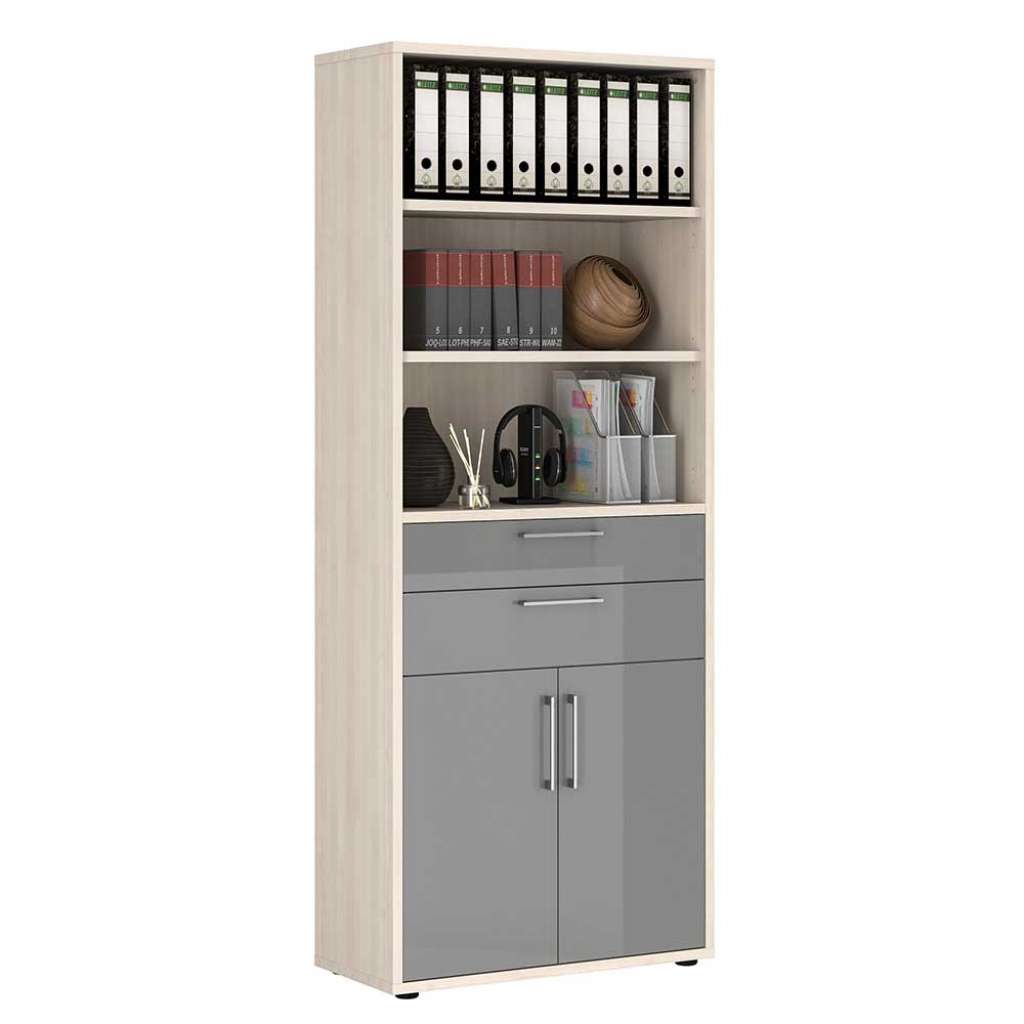 Home Office Schrank mit Regal in Hellgrau Hochglanz Holz White Wash