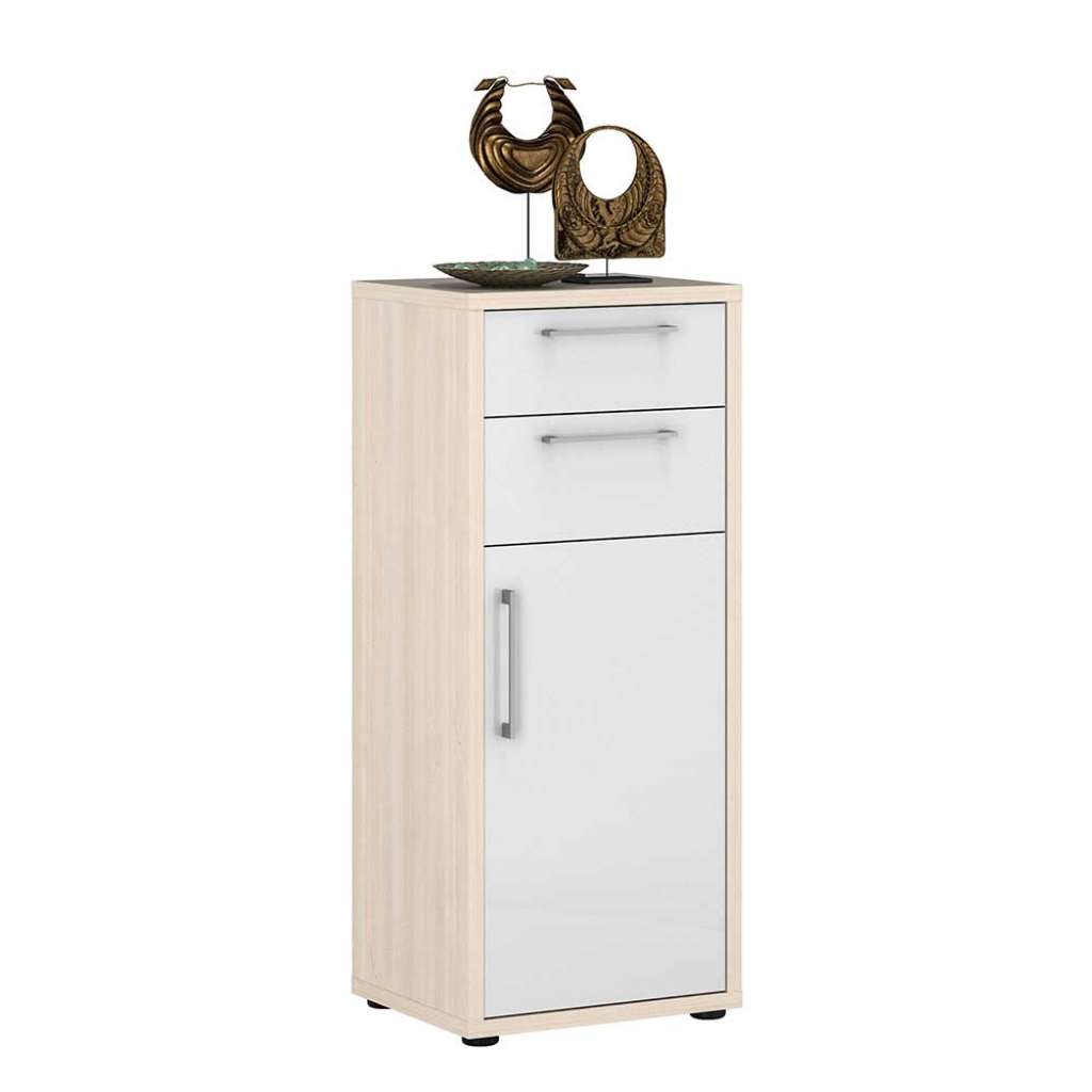 Officeschrank klein in Holz White Wash Optik Hochglanz Weiß