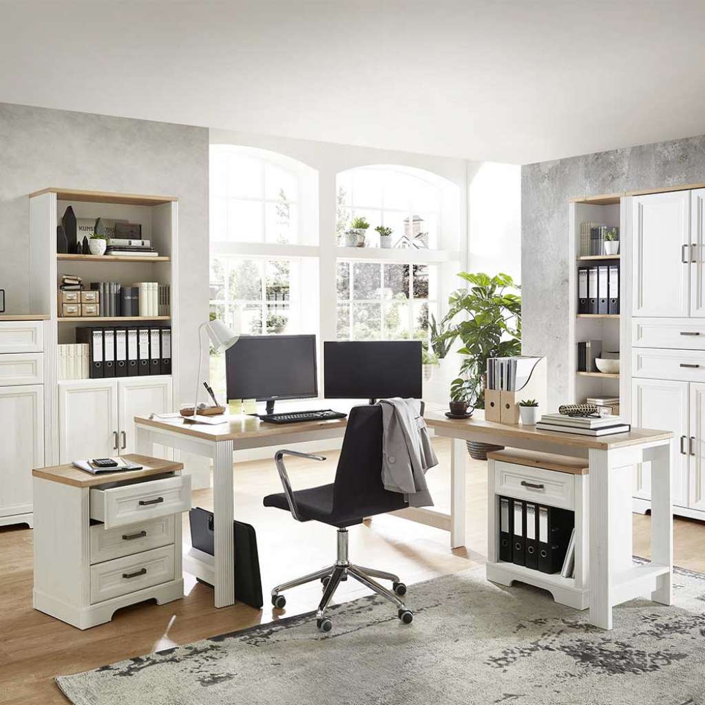 Schreibtisch Set im Landhausstil Weiß & Eichefarben (dreiteilig)