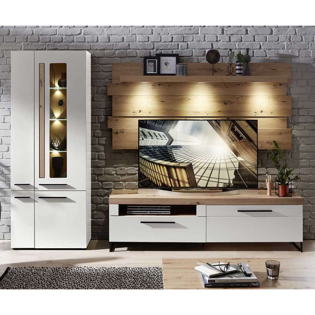 Wohnzimmerwand modern mit LED Beleuchtung 201 cm hoch (dreiteilig)