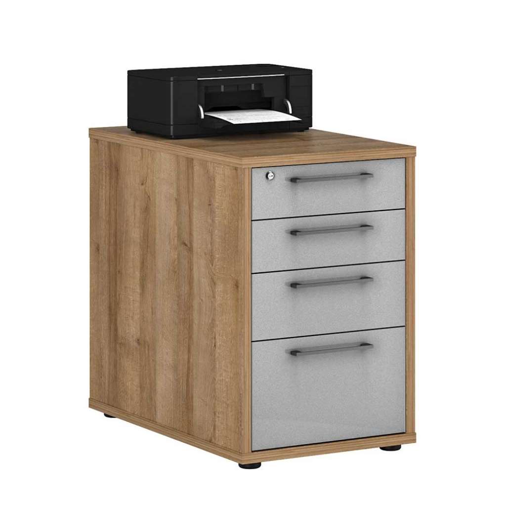 Büro Standcontainer in Hellgrau Hochglanz Eichefarben