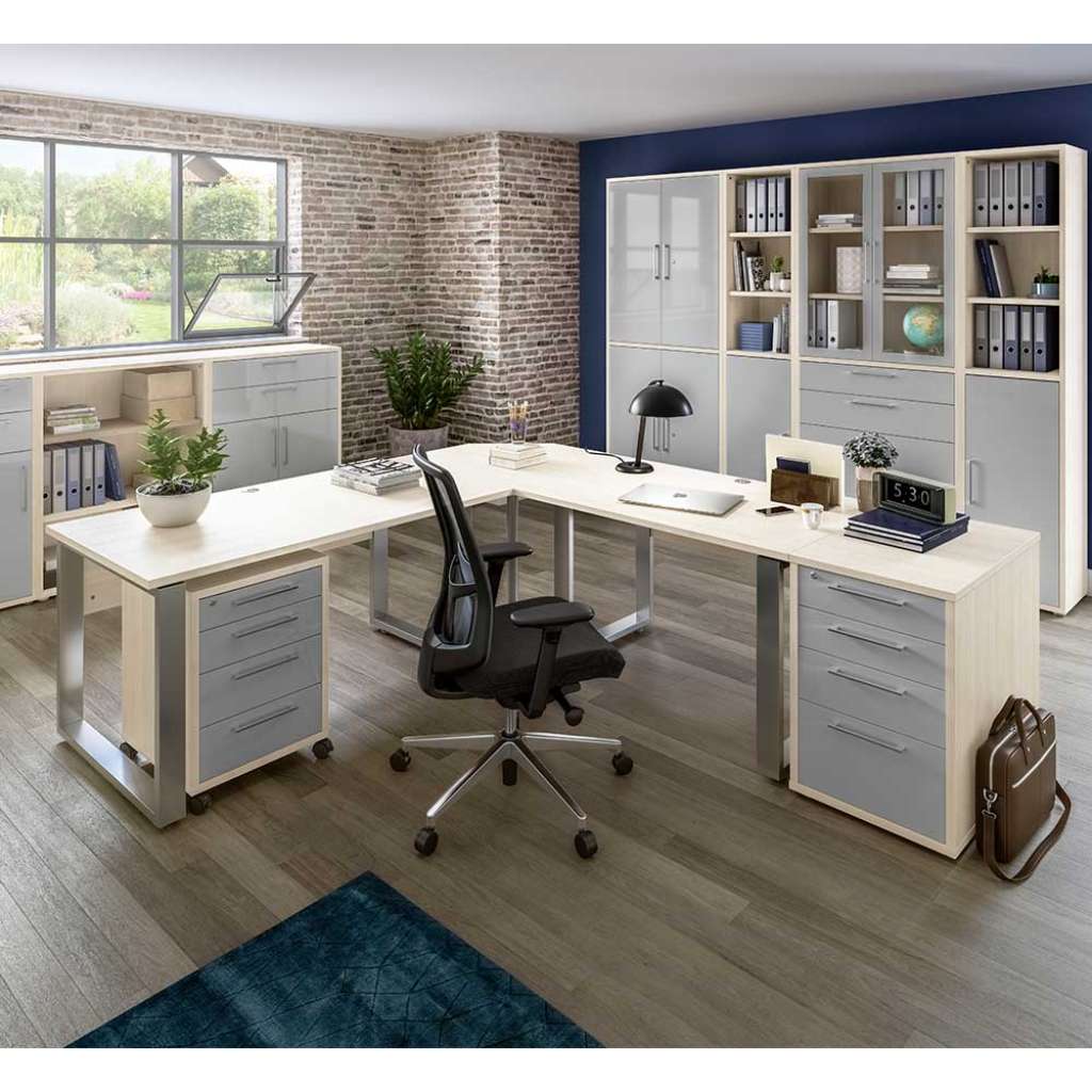Eckschreibtisch mit Containern in Hellgrau Hochglanz Holz White Wash (dreiteilig)