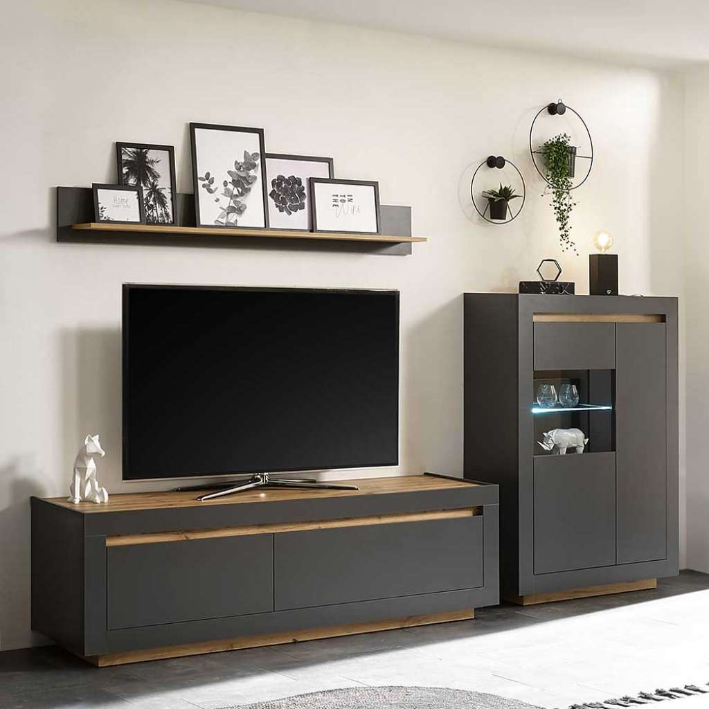 Wohnwand Anthrazit in modernem Design 136 cm hoch (dreiteilig)