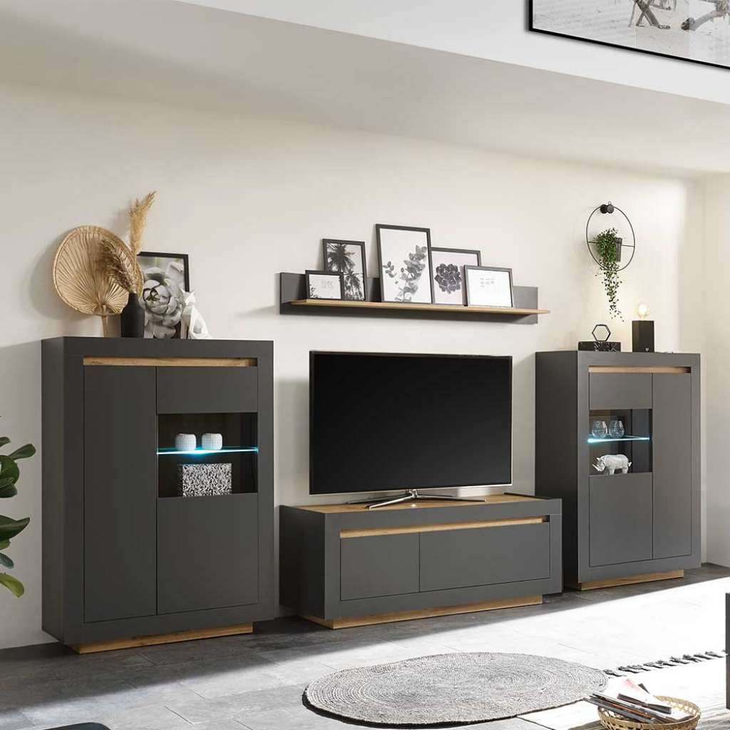 Anbauwand 350 cm breit in Anthrazit Wildeichefarben (vierteilig)