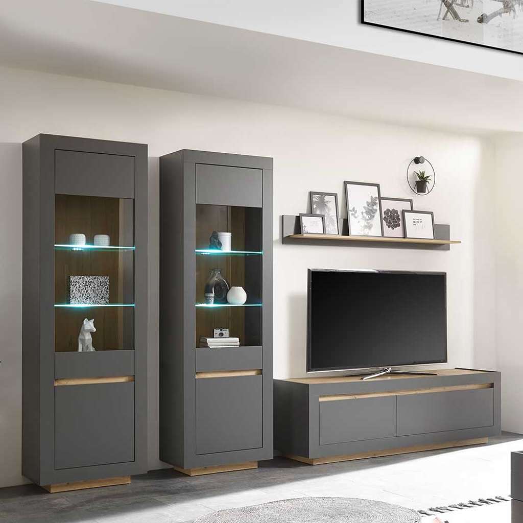 Design Wohnwand in Anthrazit Wildeichefarben (vierteilig)