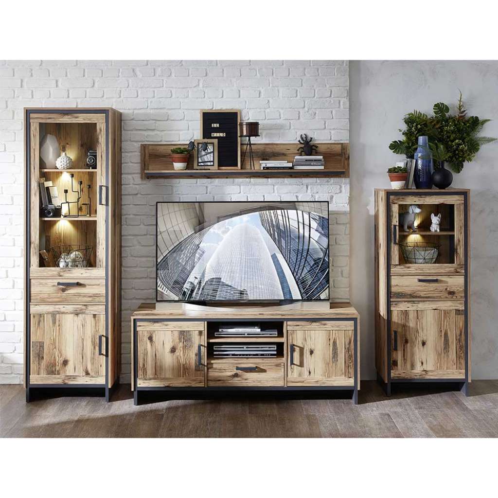 Anbauwand mit Vitrinen in Dunkelgrau Holz Antik Optik (vierteilig)