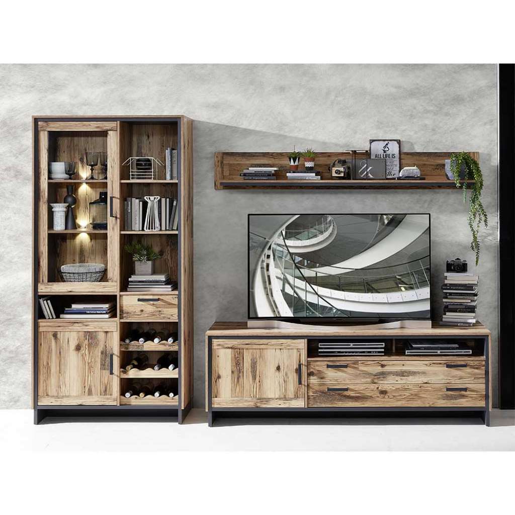 Wohnwand mit Weinregal in Holz Antik Optik Dunkelgrau (dreiteilig)