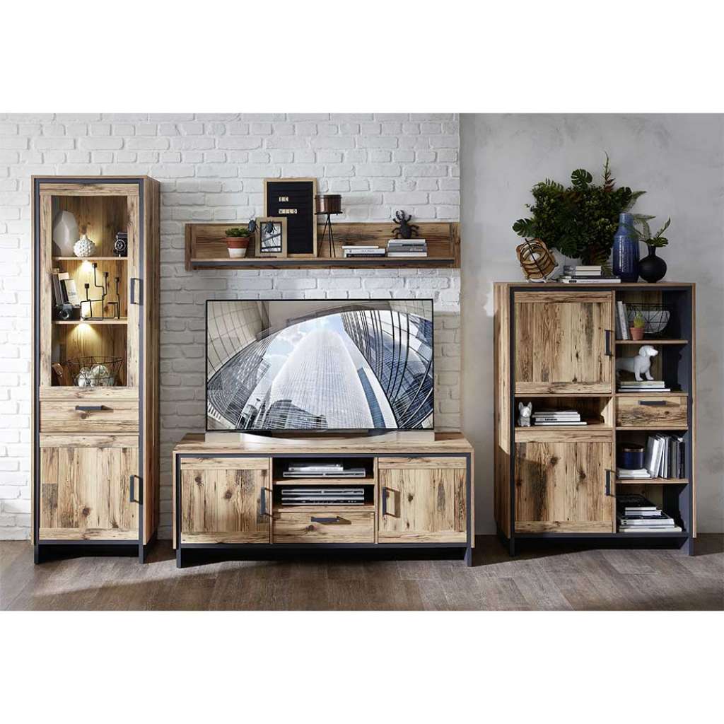 Fernseher Schrankwand im rustikalen Stil Metallgriffen (vierteilig)