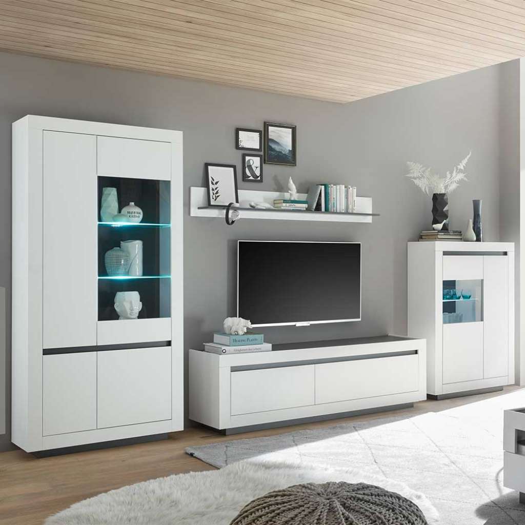 Moderne Wohnzimmerwand in Weiß & Anthrazit melaminbeschichtet (vierteilig)