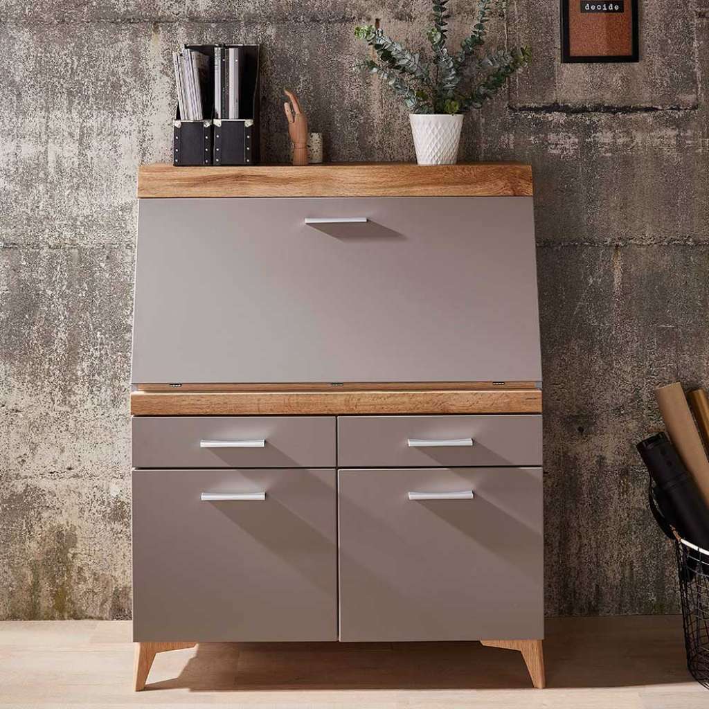 Sekretärschrank mit Schreibklappe Grau & Eichefarben