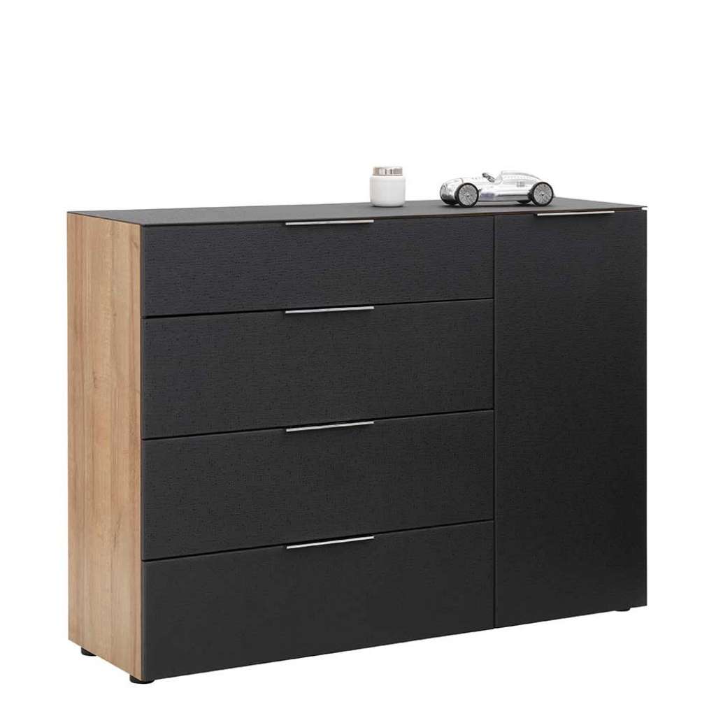 Moderne Wohnzimmer Kommode in Anthrazit glasbeschichtet Eichefarben