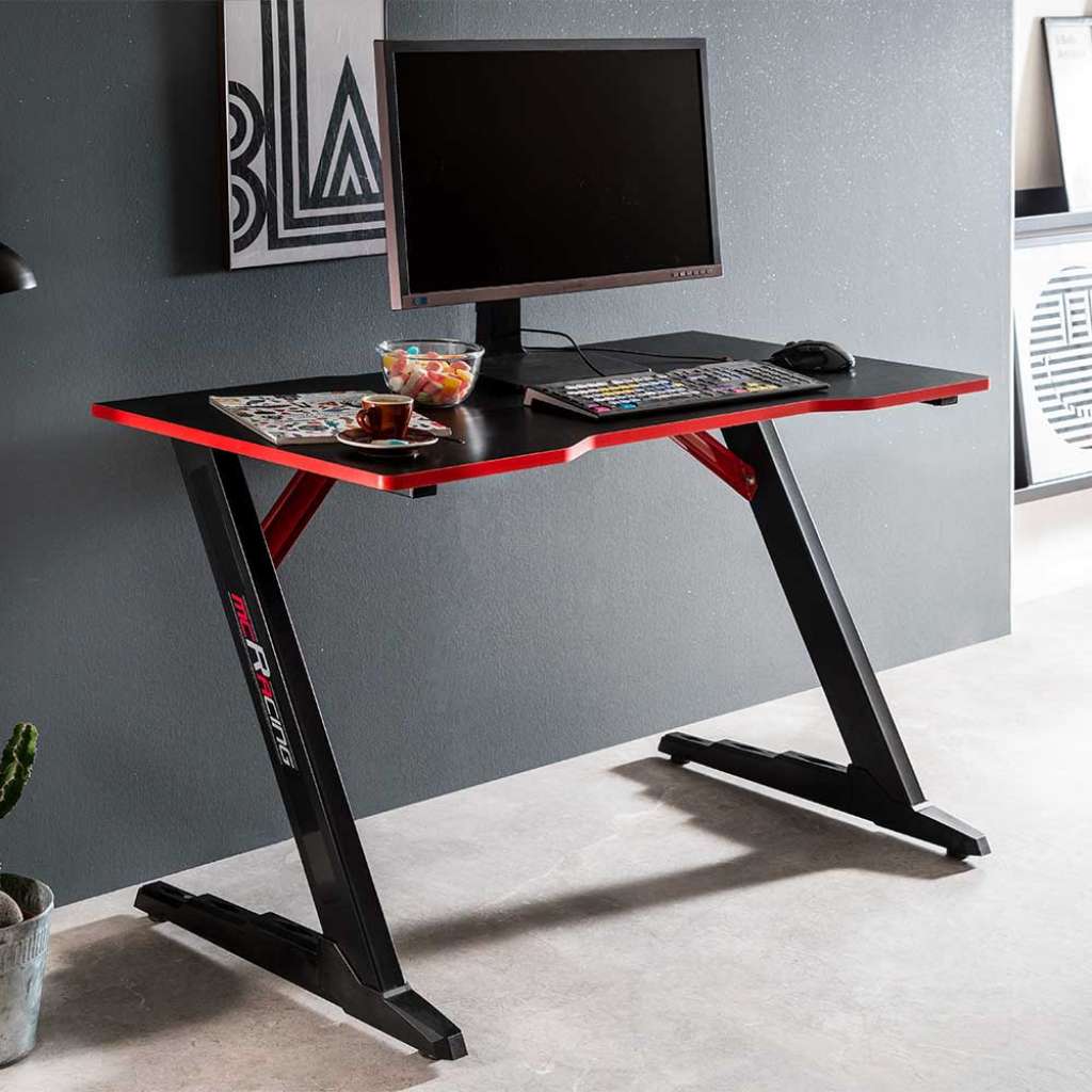 Schülerschreibtisch in Schwarz & Rot Metallkufen Gestell