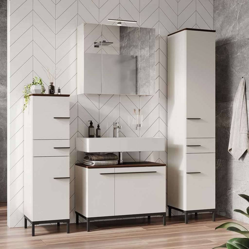 Badezimmer Waschplatz Set in Hellgrau Nussbaumfarben (vierteilig)