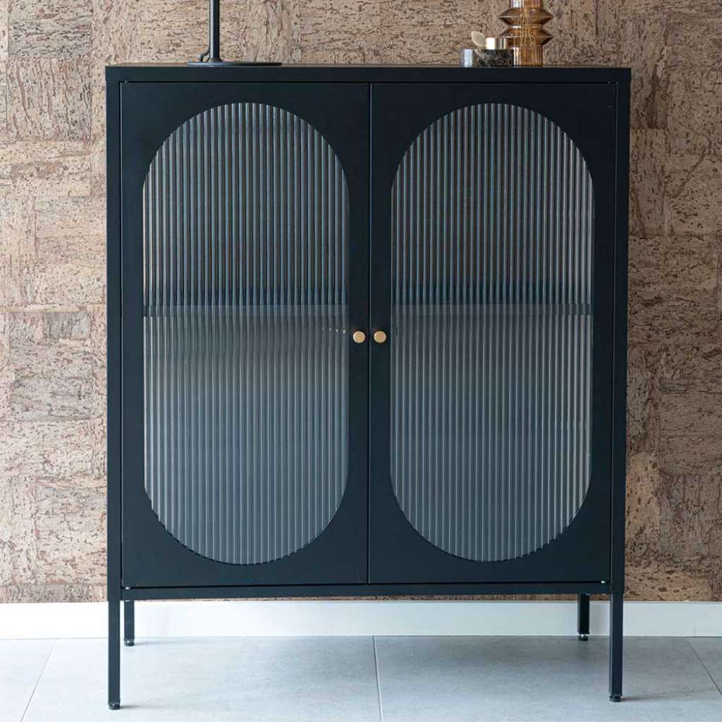 Vitrinentüren Schrank in Schwarz Metall und Riffelglas