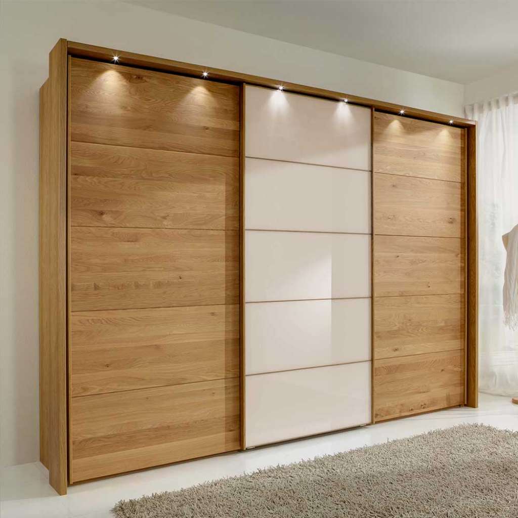Gleittürenschrank in Beige Glas Eiche Bianco