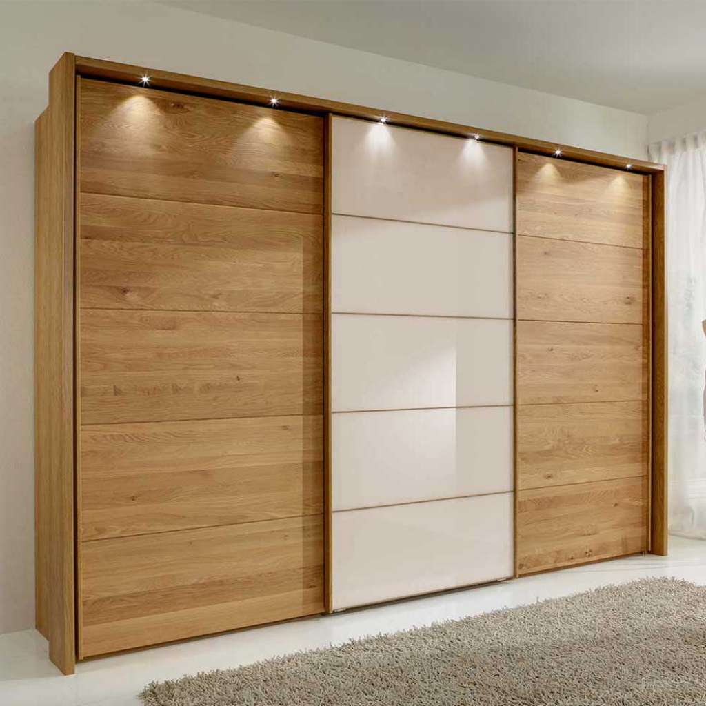 Schwebetuerenschrank in Eiche Bianco Beige Glasfront