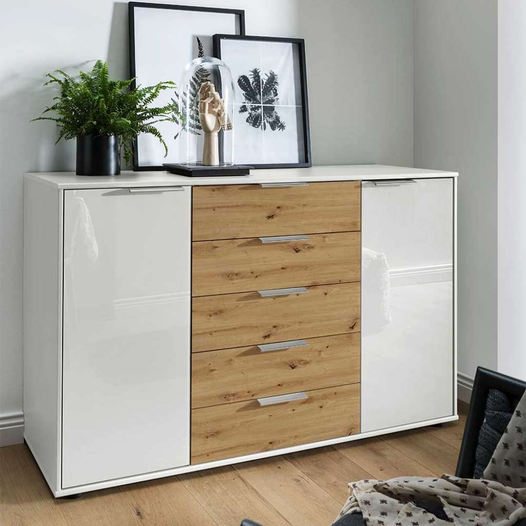 Küchensideboard in Eiche Bianco Weiß glasbeschichtet