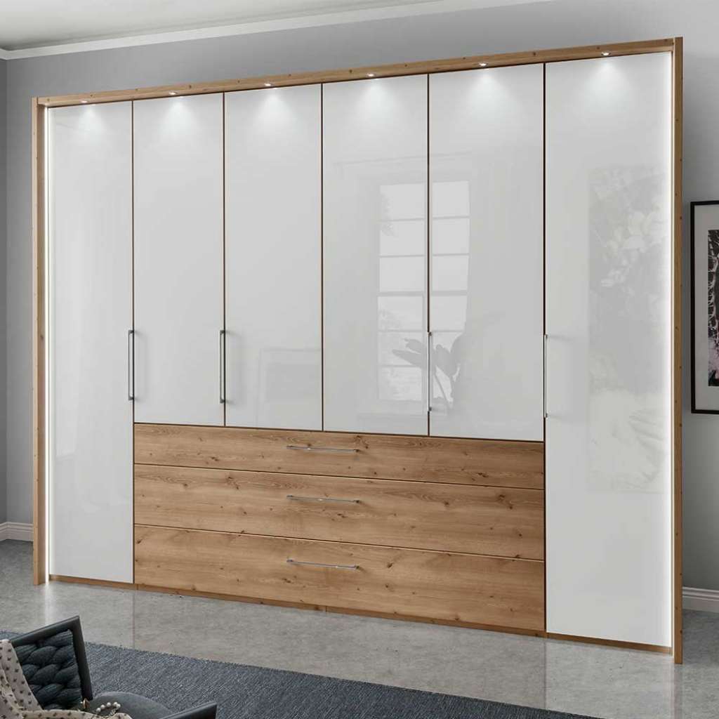 XXL Schlafzimmerschrank in Eiche Bianco Weiß Glasfront