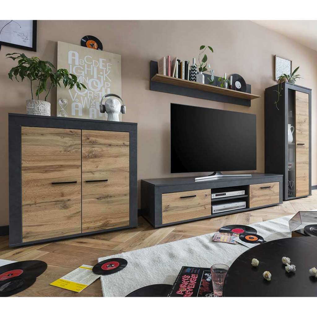 Schrankwand modern in Wildeichefarben Dunkelgrau (vierteilig)