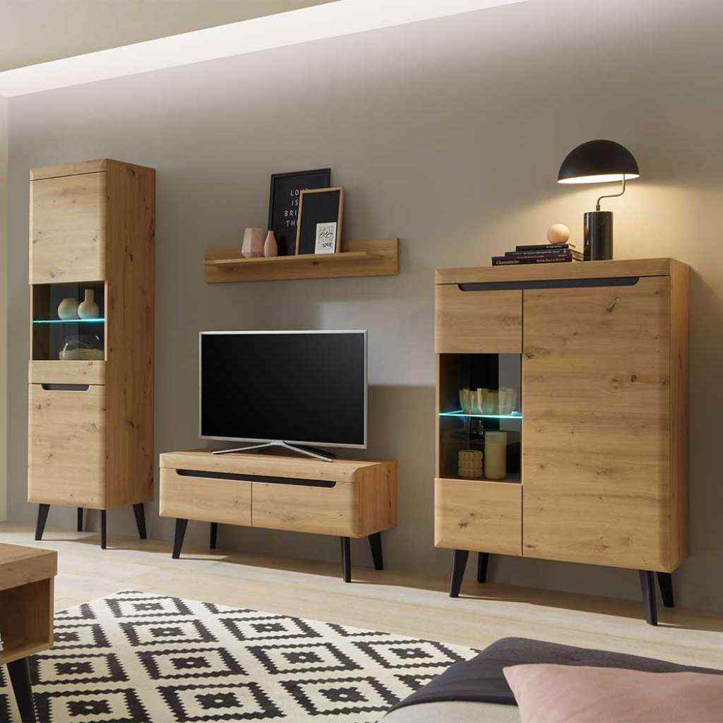 Wohnzimmerwand mit Regal in Wildeichefarben Skandi Stil (vierteilig)