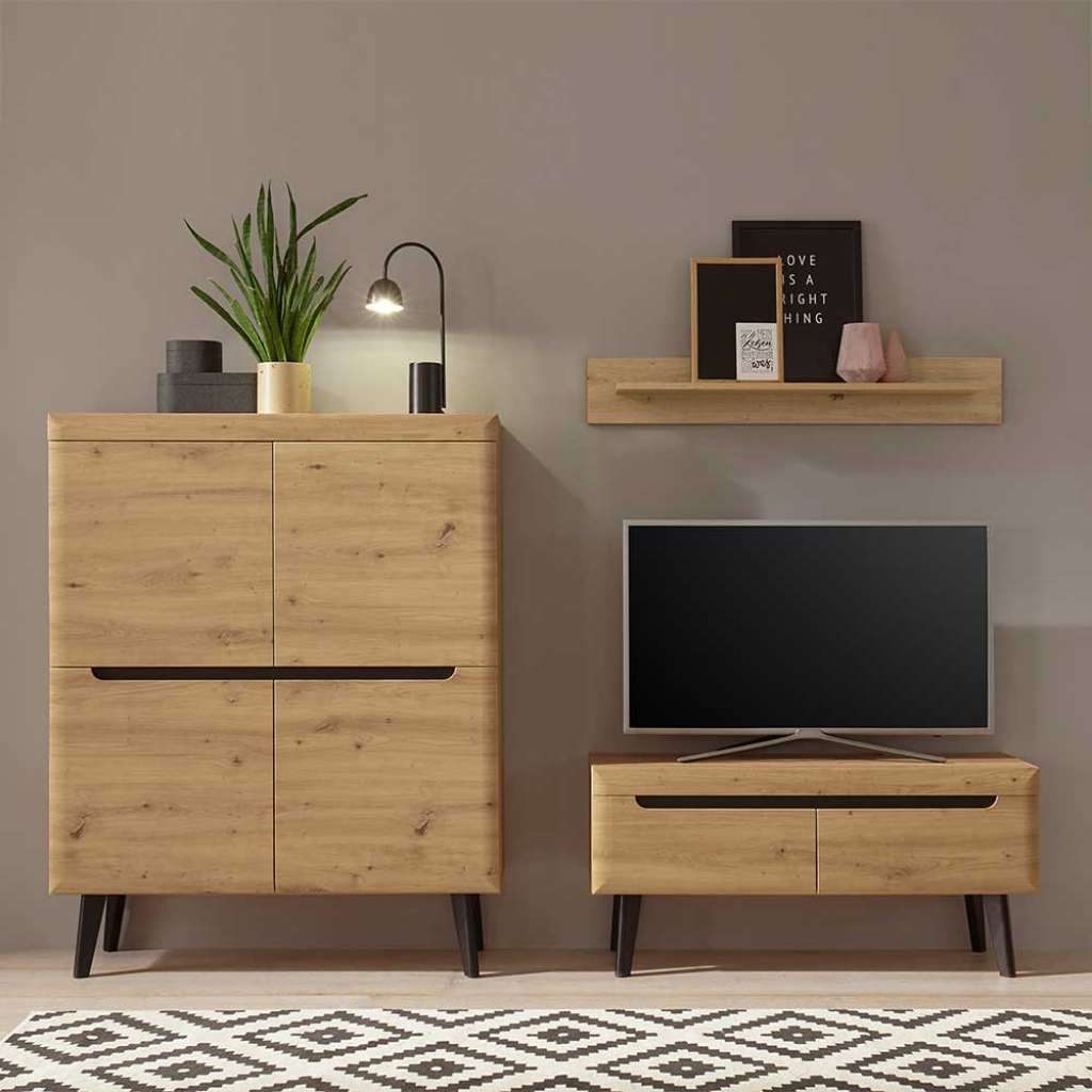 Kleine Schrankwand Wohnzimmer in Wildeichefarben Schwarz (dreiteilig)