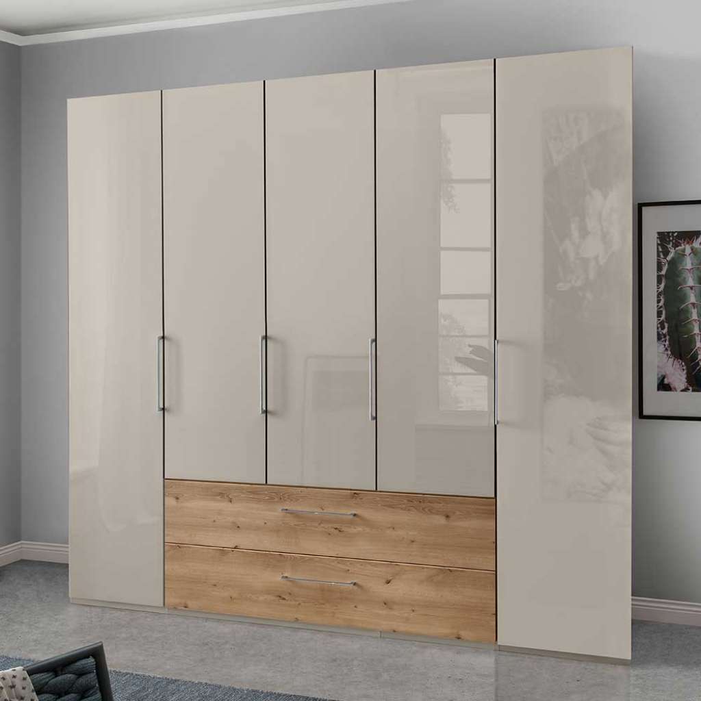 Schlafzimmerschrank in Beige und Eiche Bianco Türen glasbeschichtet