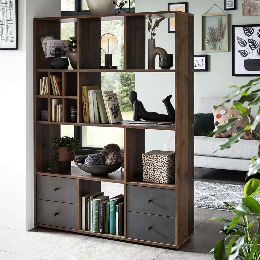 Raumteiler Regal in Dunkelgrau Holz Antik Optik