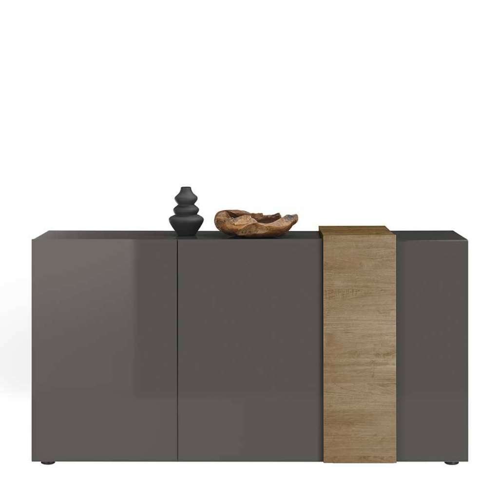 Design Sideboard in Dunkelgrau und Eichefarben 3 Drehtüren