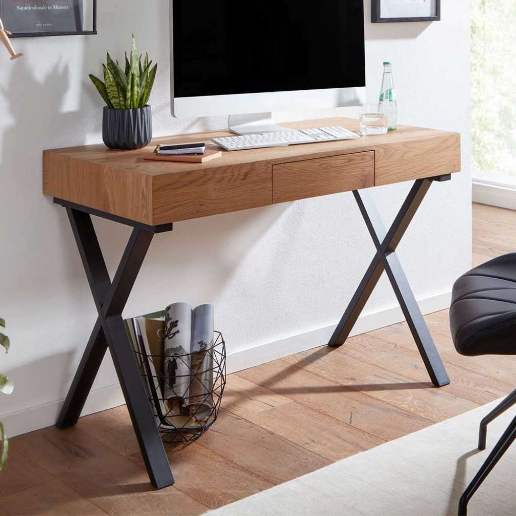 Home Office Tisch in Eichefarben & Schwarz X Gestell aus Metall