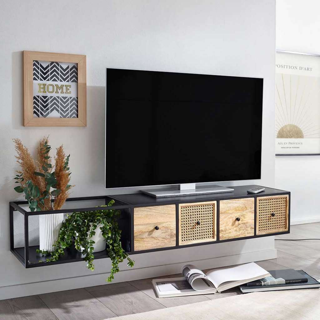 TV Hängeboard 150 cm breit vier Schubladen Rattan Geflecht